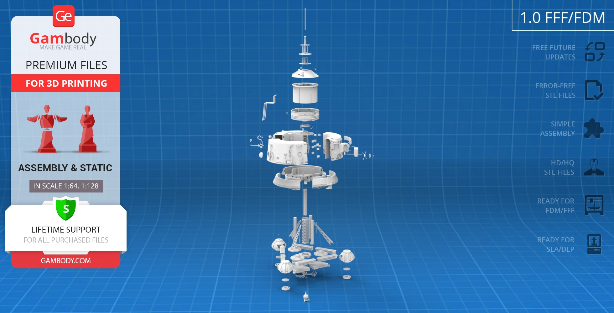 Exploded view of USS Palomino 3D model parts, ready for 3D printing.
