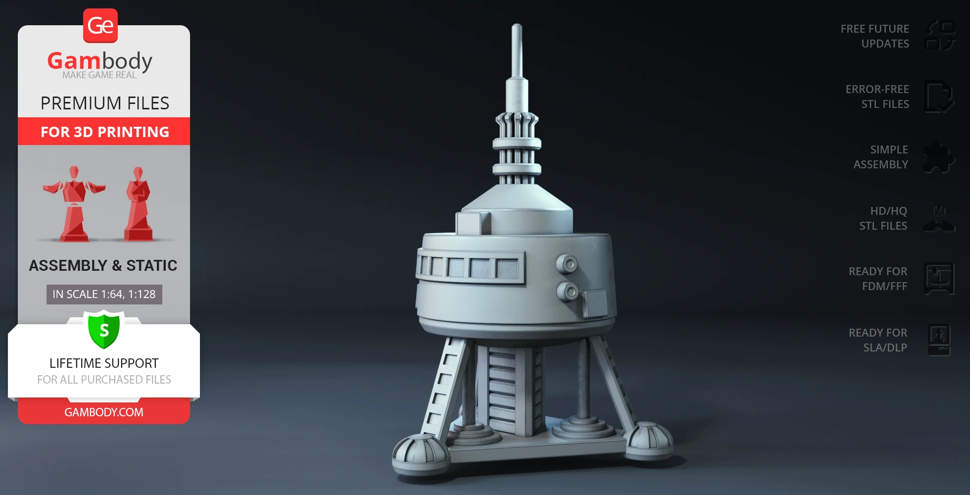 Futuristic spaceship model with a domed top, cylindrical body, and tripod legs.