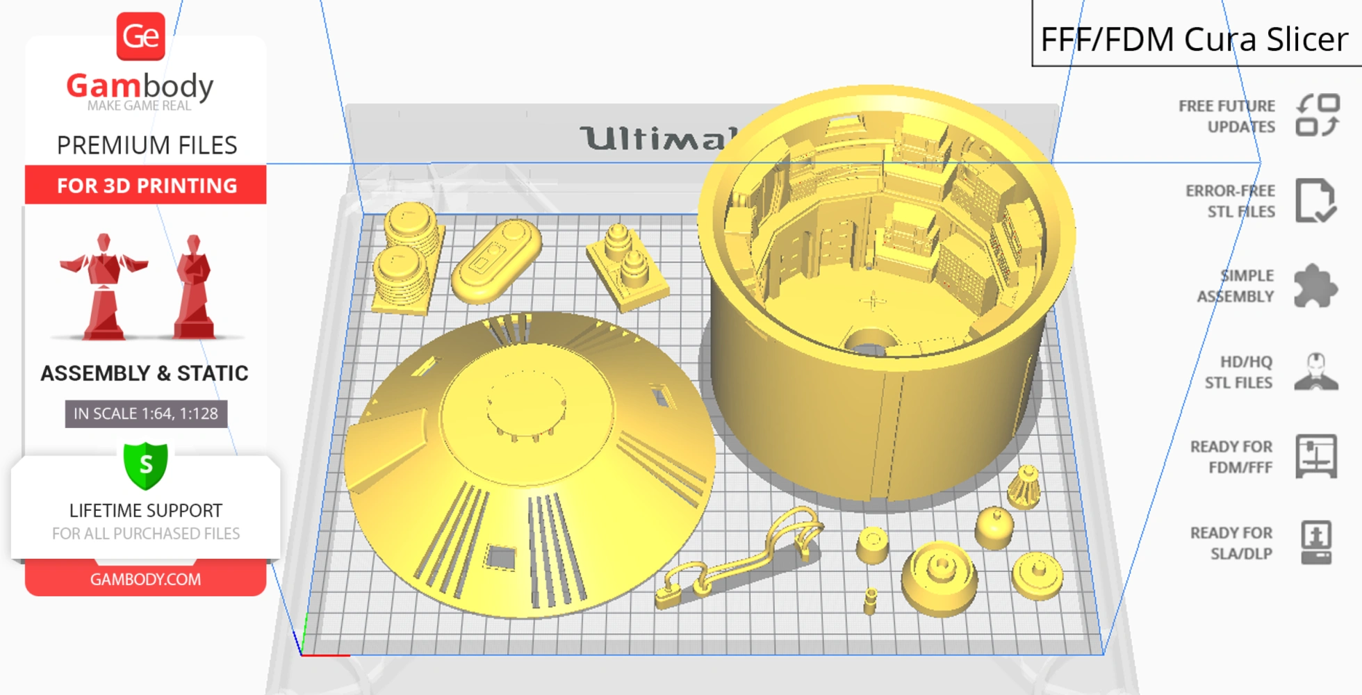 USS Palomino 3D model parts arranged on a grid in a slicer software, ready for 3D printing.