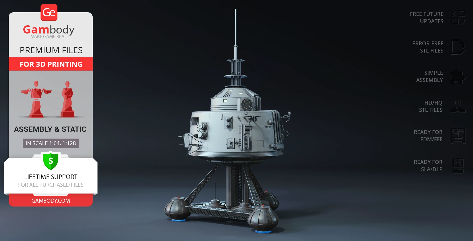 Futuristic spaceship model with antenna, round base, and detailed surface for 3D printing.