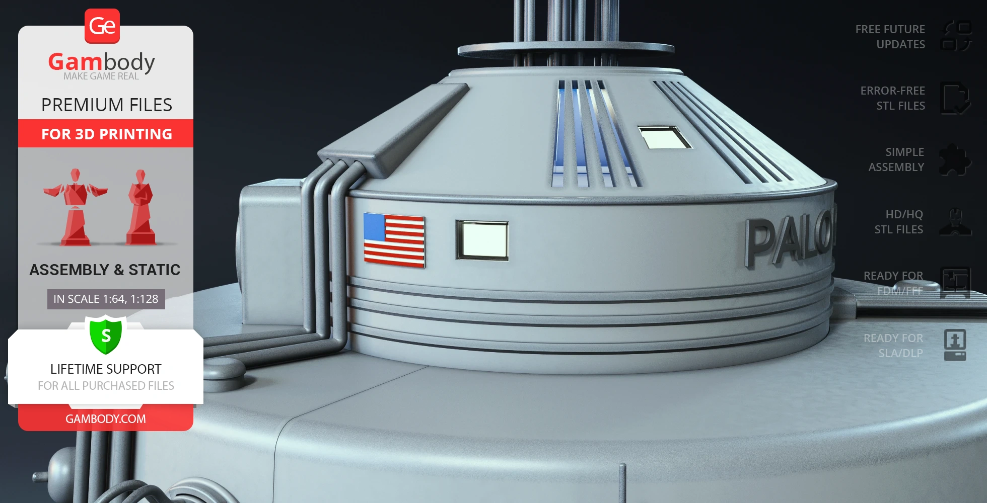 USS Palomino spaceship model section with American flag, details for 3D printing.