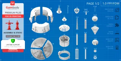 Blueprint with various spaceship parts labeled for 3D printing, including rings and structures.