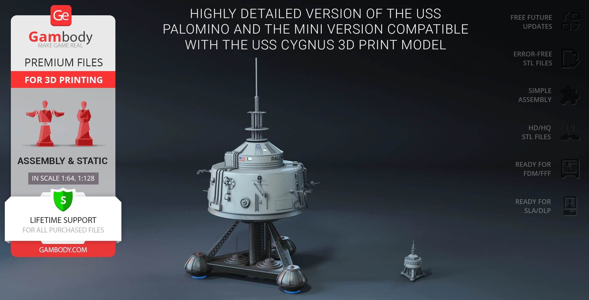Detailed 3D model of the USS Palomino spaceship from 'The Black Hole,' accompanied by a smaller version.