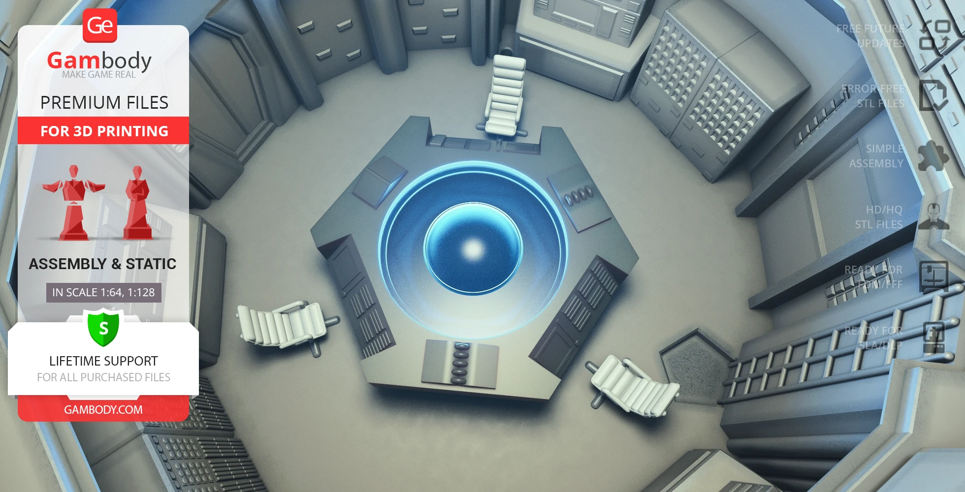 Futuristic spaceship control room with central console and swivel chairs.