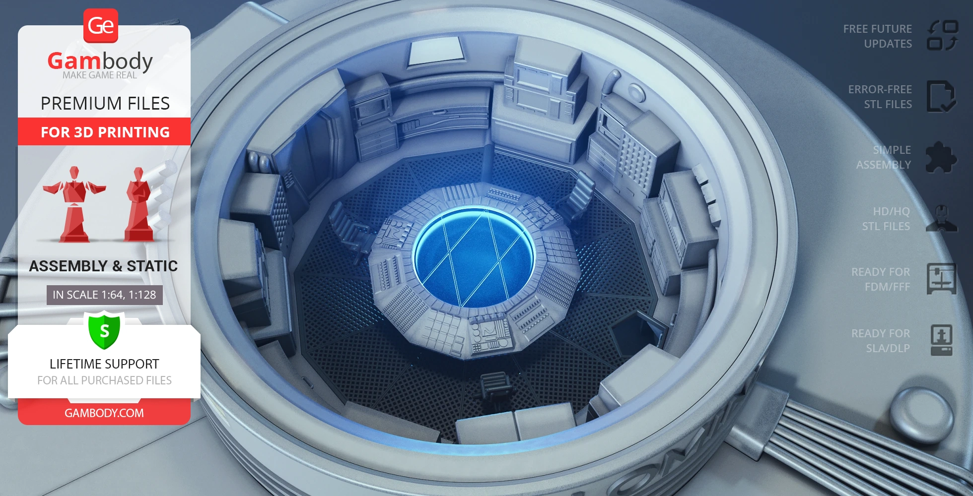 Futuristic spaceship bridge with circular design, control panels, and central glowing table.