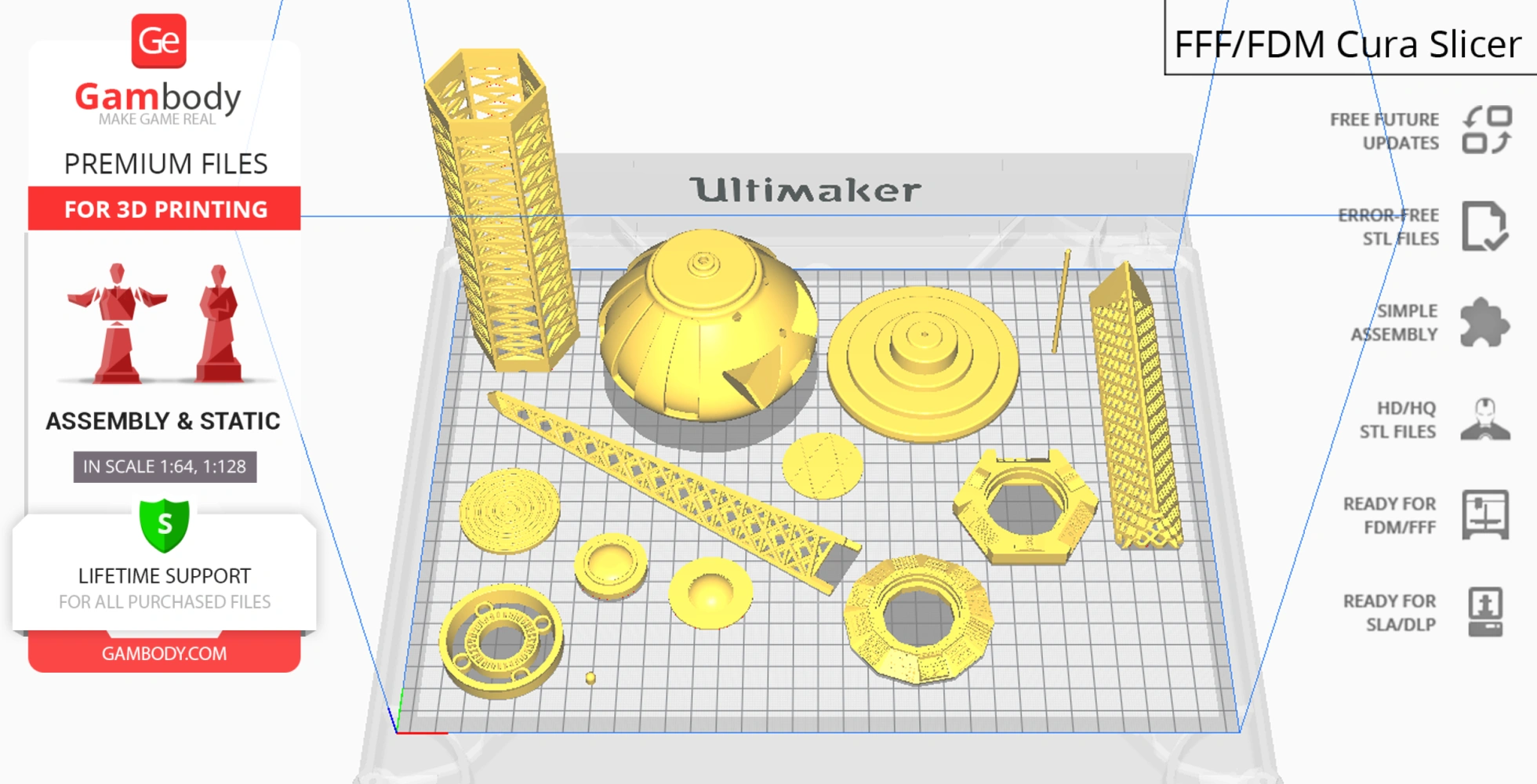 3D printing layout with USS Palomino spaceship parts on Ultimaker Cura slicer grid.