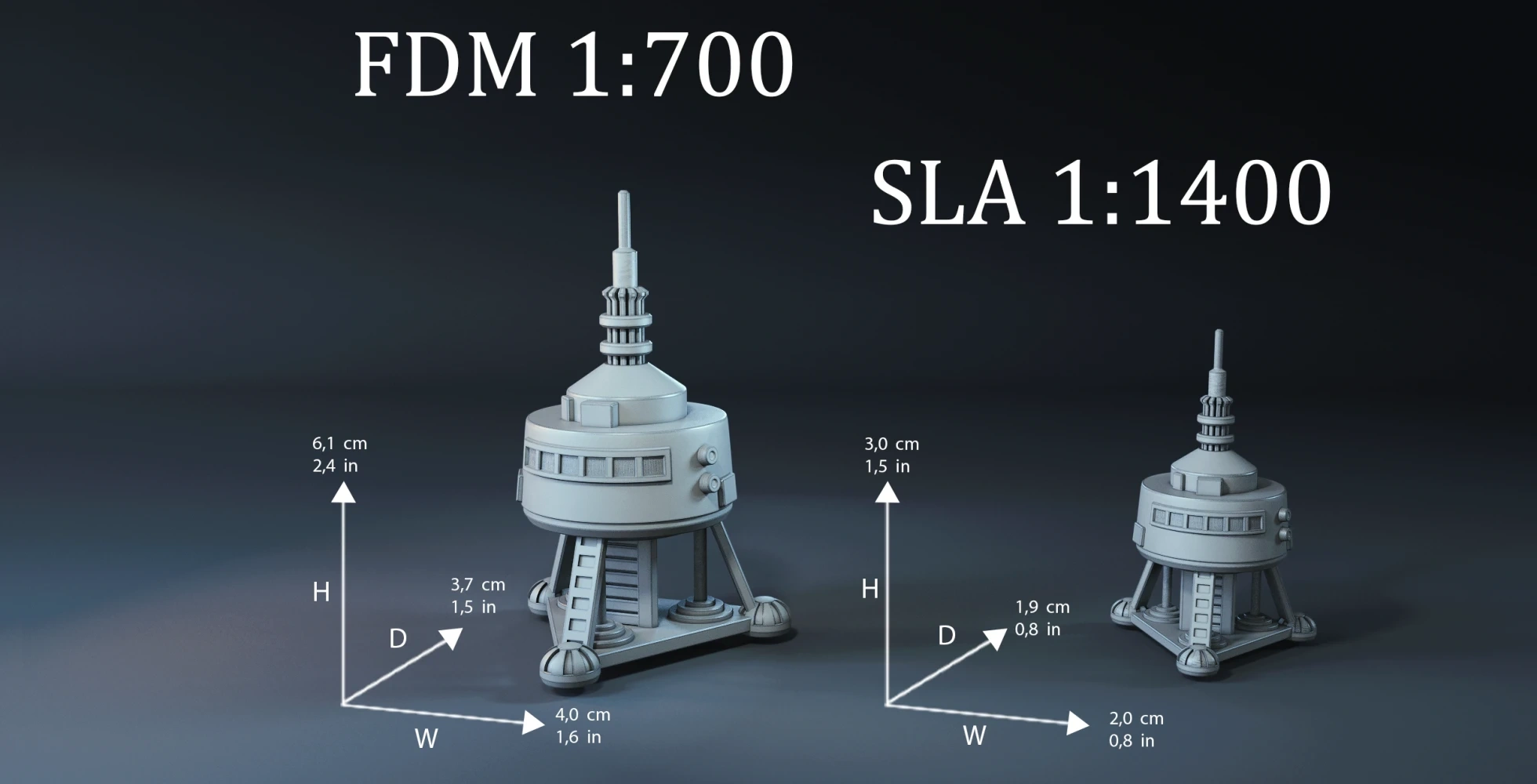 Two detailed spaceship models with sizes labeled for 3D printing at scales FDM 1:700 and SLA 1:1400.