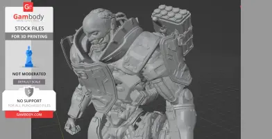 A detailed 3D model of a heavily armored cyborg with a menacing look, designed for 3D printing.