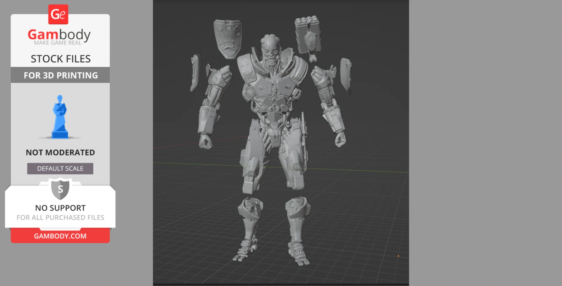 A 3D model of a futuristic armored cyborg with detachable parts for 3D printing.