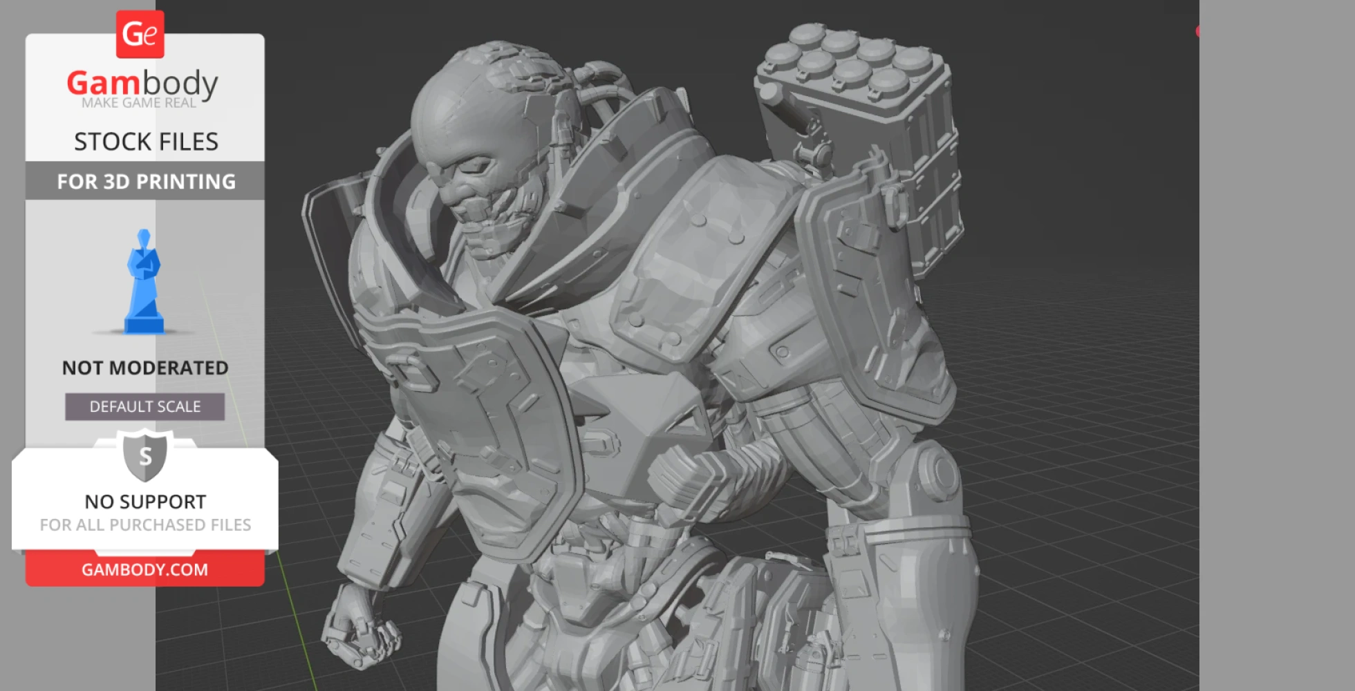 A detailed 3D model of a heavily armored cyborg with a menacing look, designed for 3D printing.