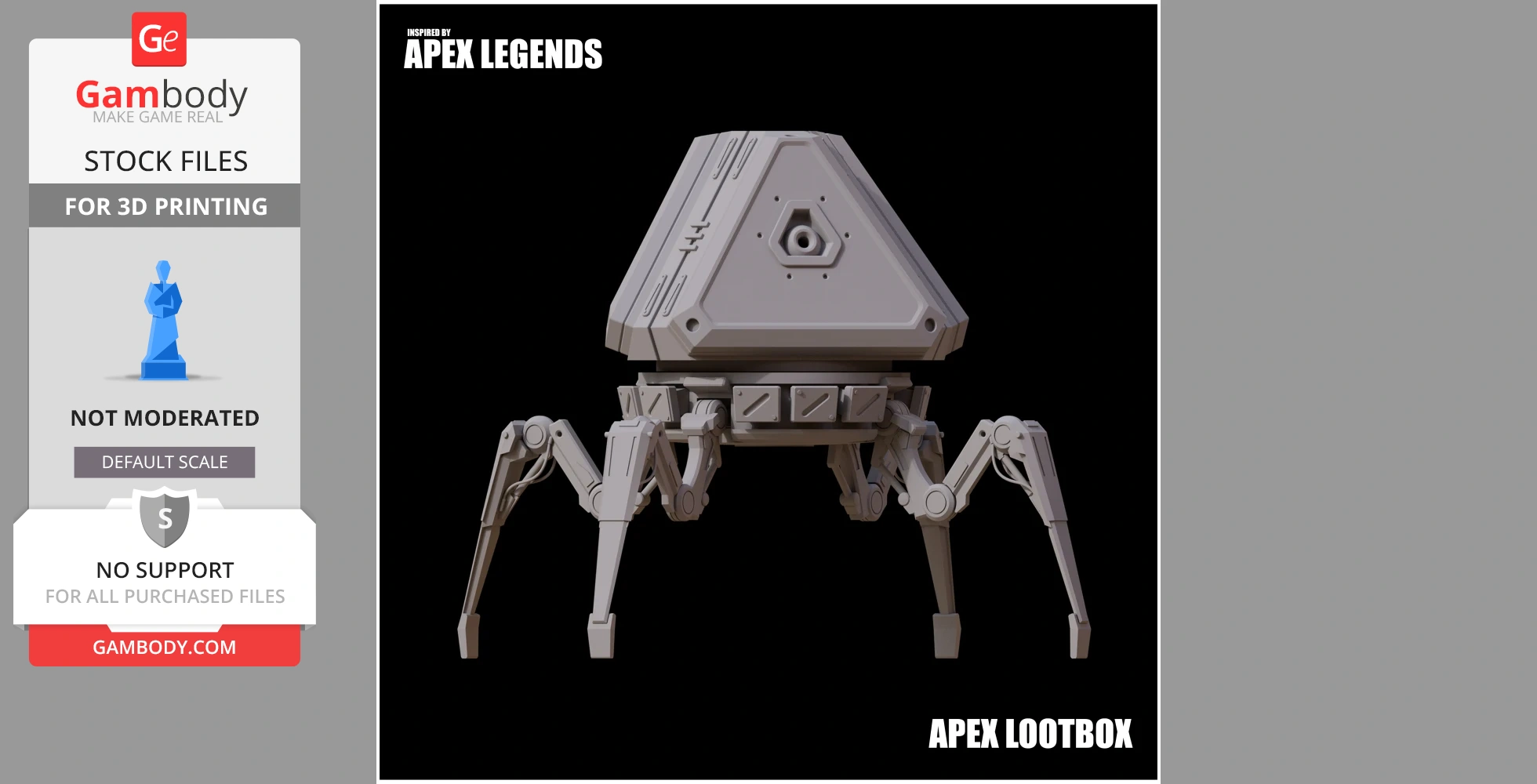 Four-legged, pyramid-shaped loot box inspired by the game Apex Legends for 3D printing.
