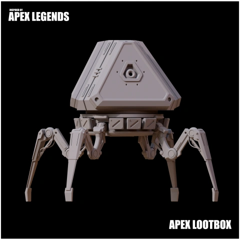 Apex Legends-inspired loot box with four robotic legs for 3D printing.