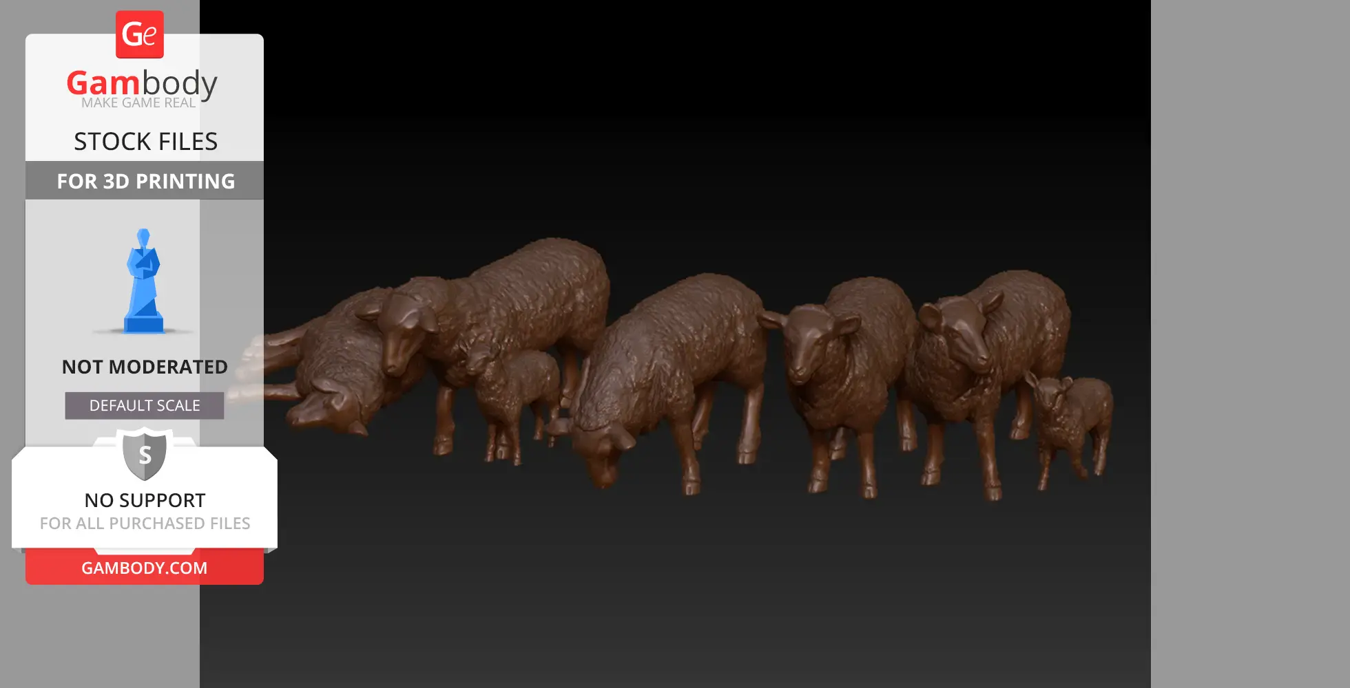 A 3D model of seven detailed, brown sheep in various poses, for 3D printing.