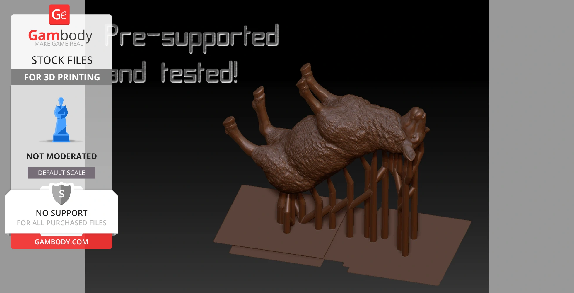 Model of a sheep on printing supports for 3D printing, labeled 'Pre-supported and tested!'