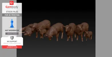 A 3D model of seven detailed, brown sheep in various poses, for 3D printing.