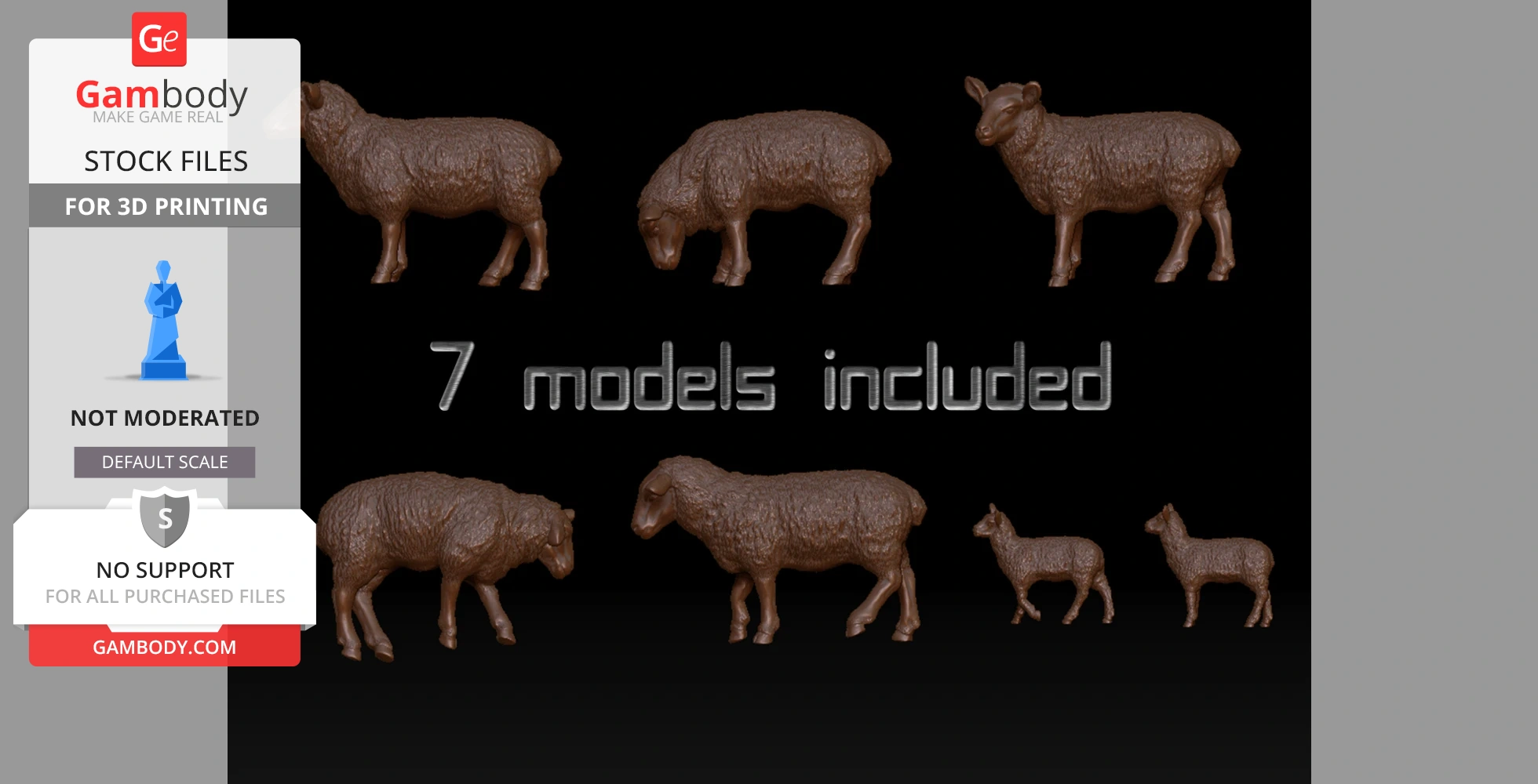 Seven 3D sheep models displayed on a black background for printing.
