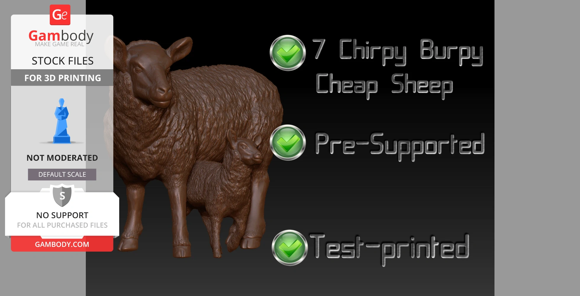 A 3D model of two sheep, pre-supported and test-printed for 3D printing, advertised by Gambody.