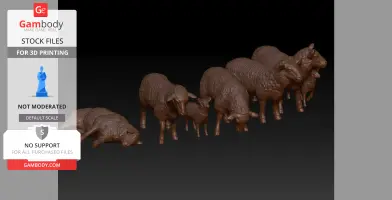 A 3D model of seven brown sheep in various poses, designed for 3D printing.