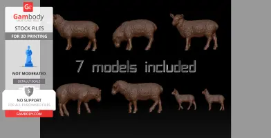 Seven detailed 3D sheep models for printing, showcased on a black background.