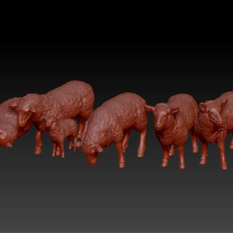 3D model of seven detailed sheep in various poses, intended for 3D printing.