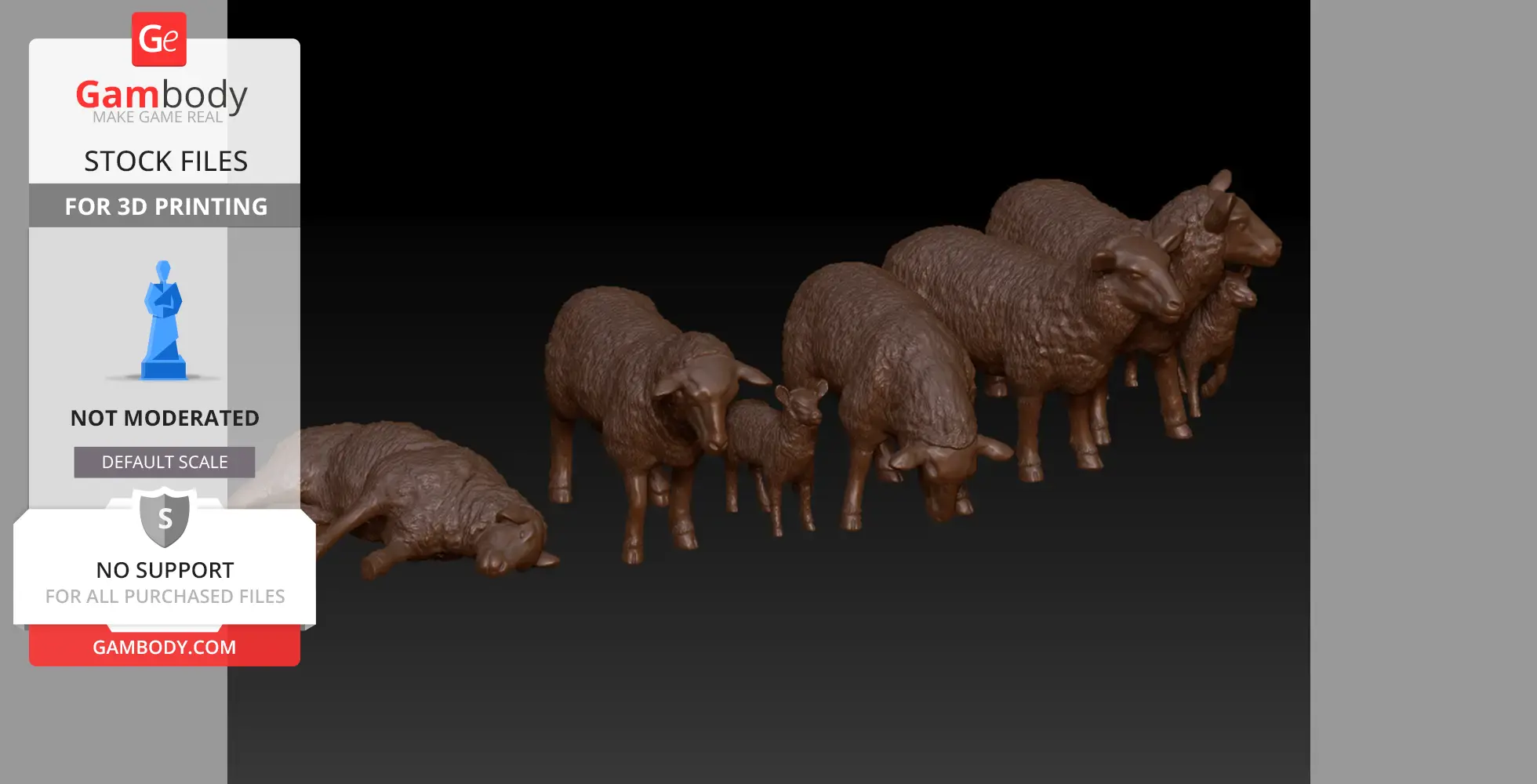 A 3D model of seven brown sheep in various poses, designed for 3D printing.