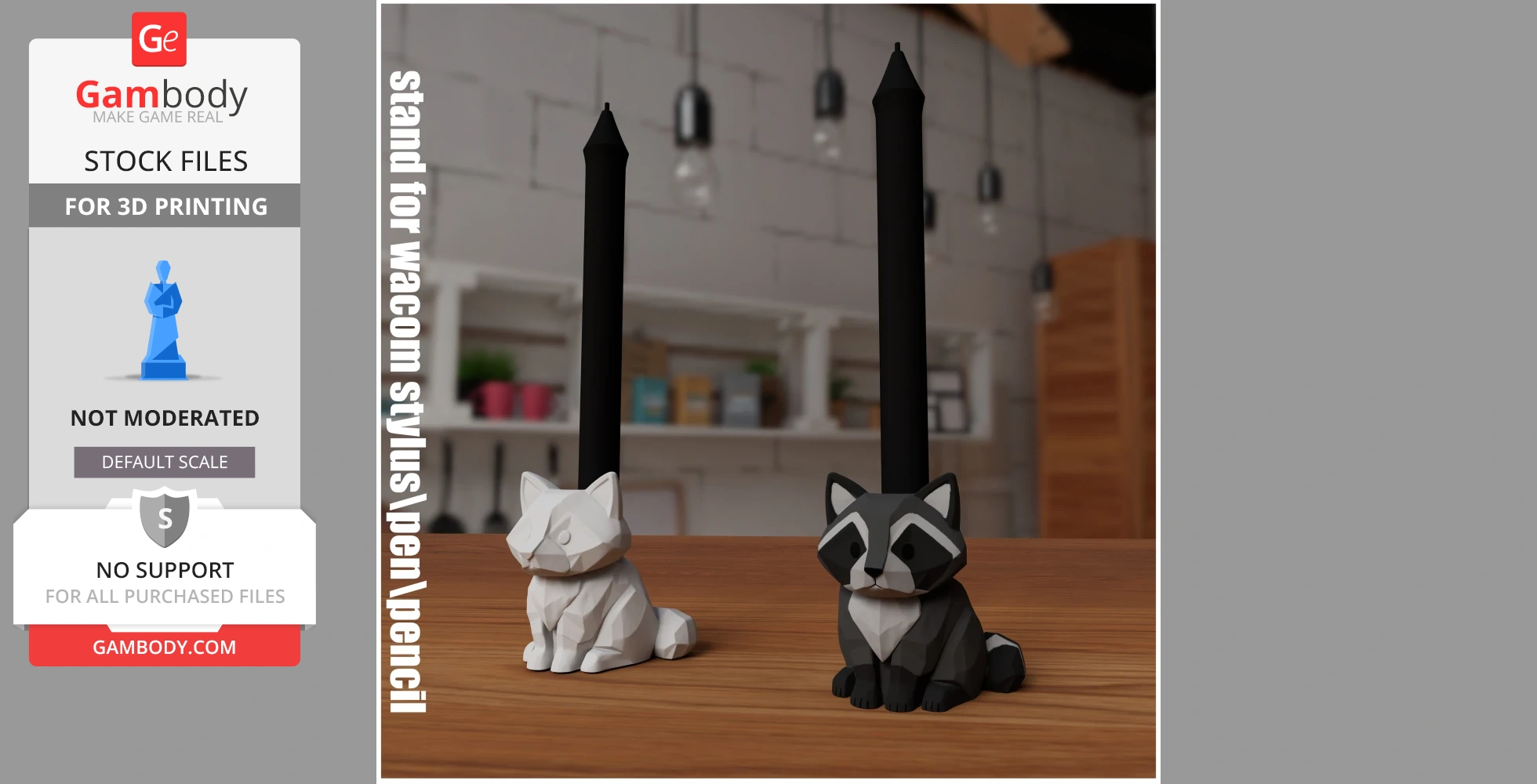 3D-printed geometric raccoon and cat pen holders on a wooden surface, holding stylus pens.