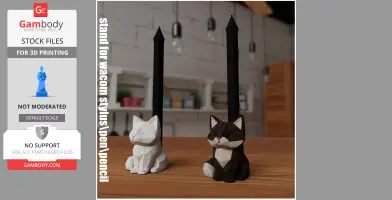 Two cat-shaped pen holders, one white and one brown, each holding a stylus upright.