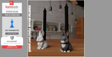 3D-printed rabbit pen holders in white and gray, set on a wooden table.