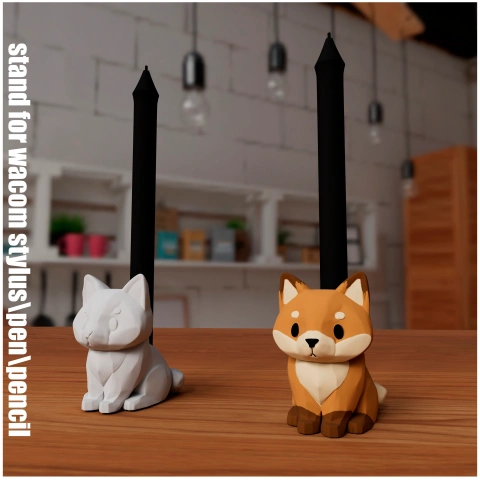 Two dog-shaped pen holders; one white, one brown, holding styluses upright on a table.