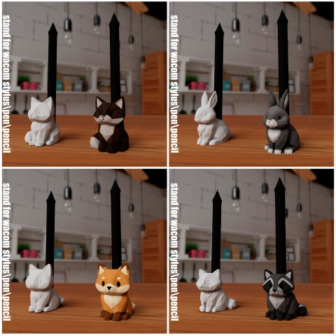 Cute animal-shaped pen holders: cat, dog, rabbit, and raccoon, for organizing desktop items.