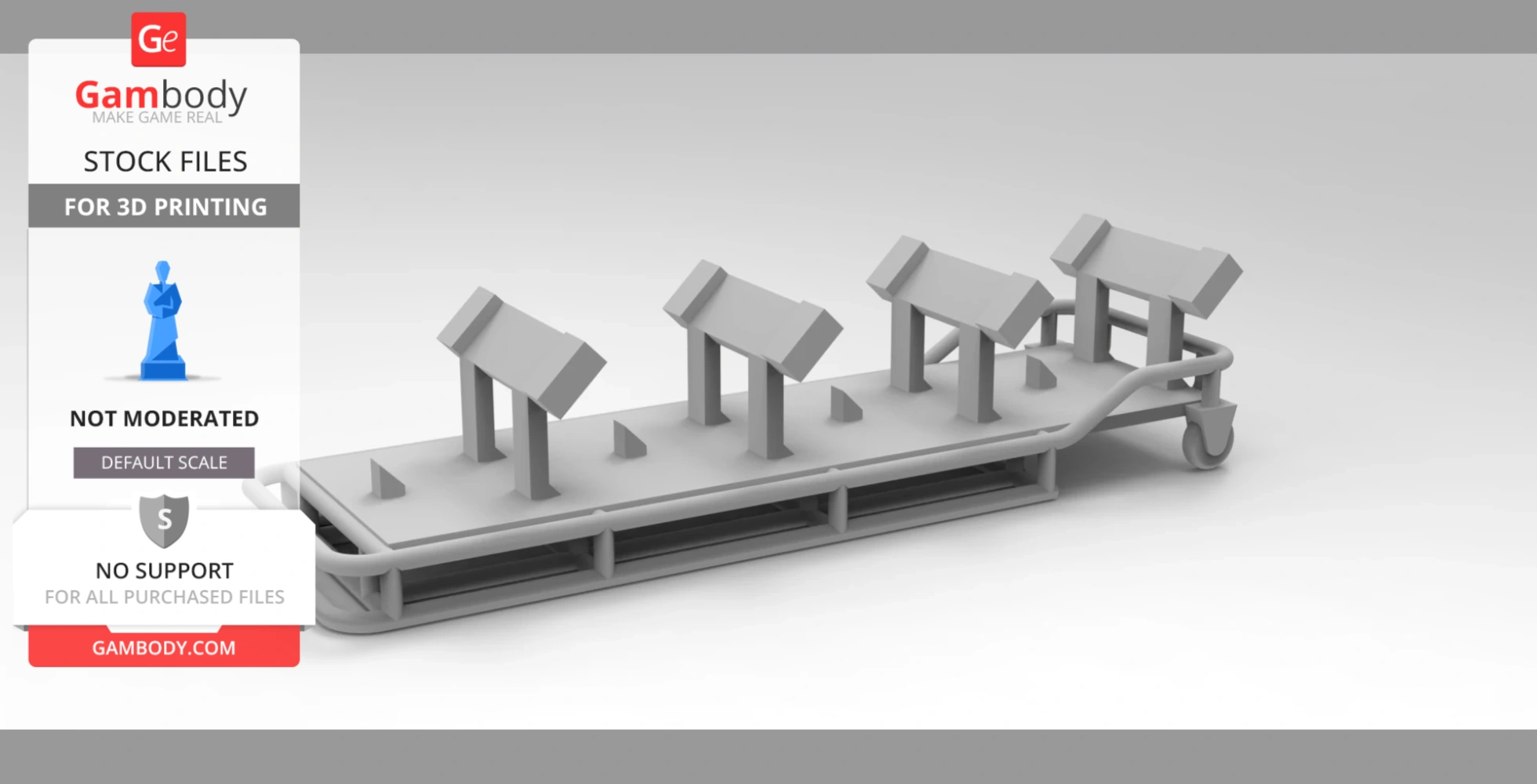 A 3D model of a gurney scaled for 3D printing, featuring simple geometric shapes and small wheels.