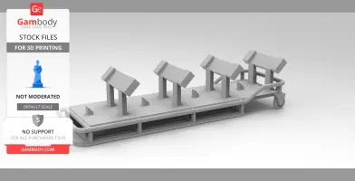 A 3D model of a gurney scaled for 3D printing, featuring simple geometric shapes and small wheels.
