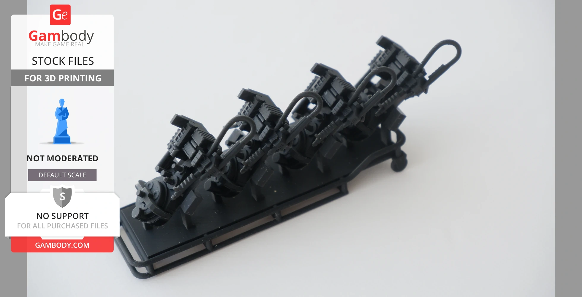 A 3D printed, scaled model of a Ghostbusters proton pack and gurney, shown in black.