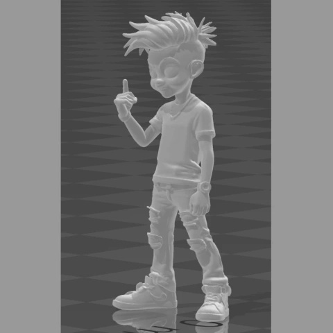 3D model of a teen with spiky hair, wearing a t-shirt and jeans, gesturing with one hand raised.