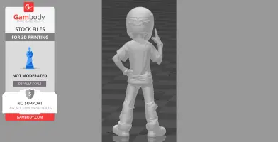 A stylized 3D model of a helmeted figure posing confidently with one hand on hip, designed for 3D printing.