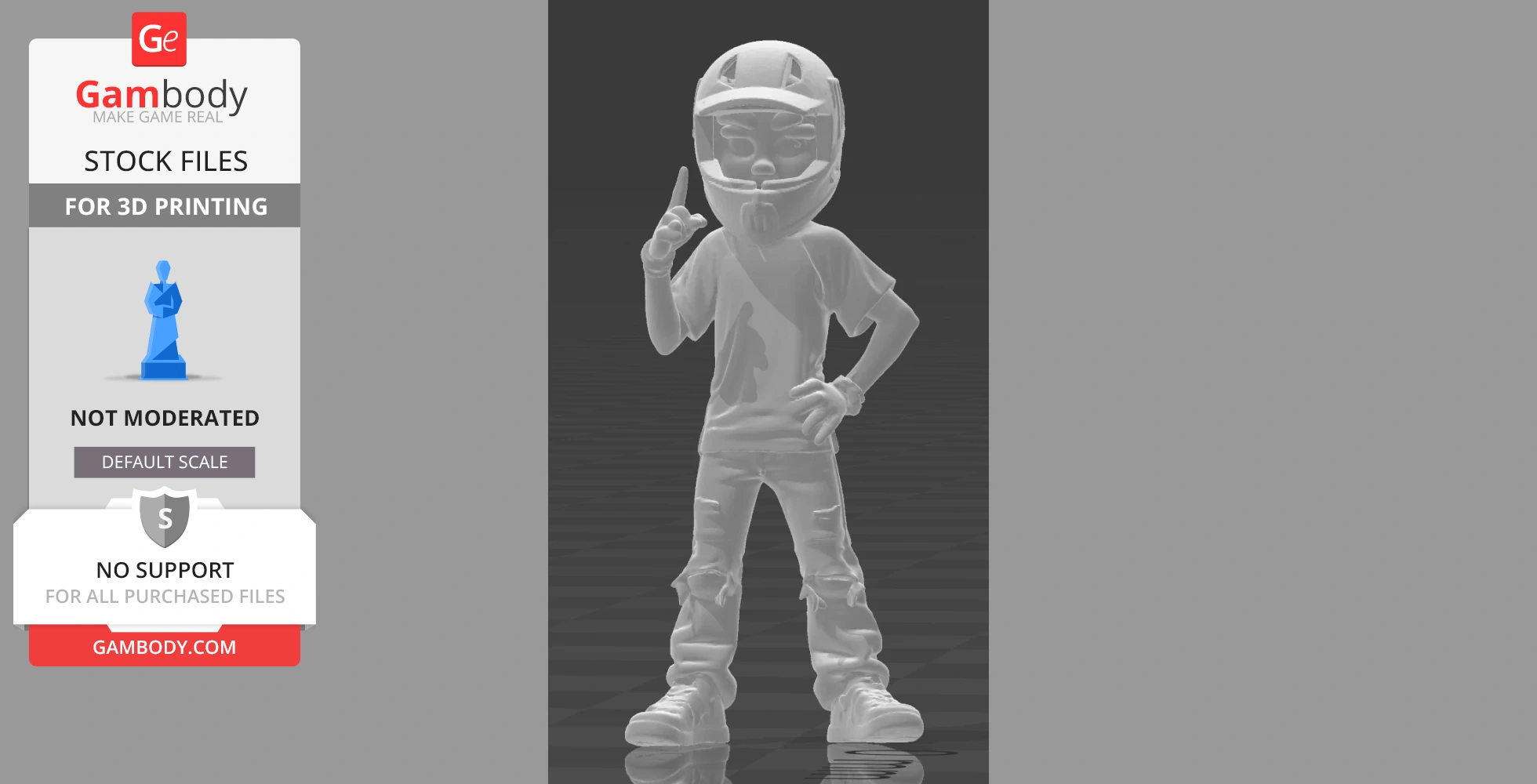 A 3D model of a person with a helmet, casual attire, and one hand pointing upwards for printing.