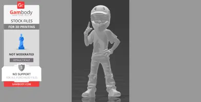 A 3D model of a person with a helmet, casual attire, and one hand pointing upwards for printing.