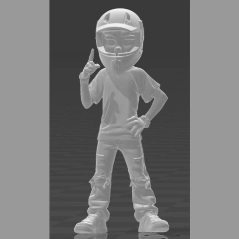 A 3D model of a motocross boy with a helmet, raising one finger.