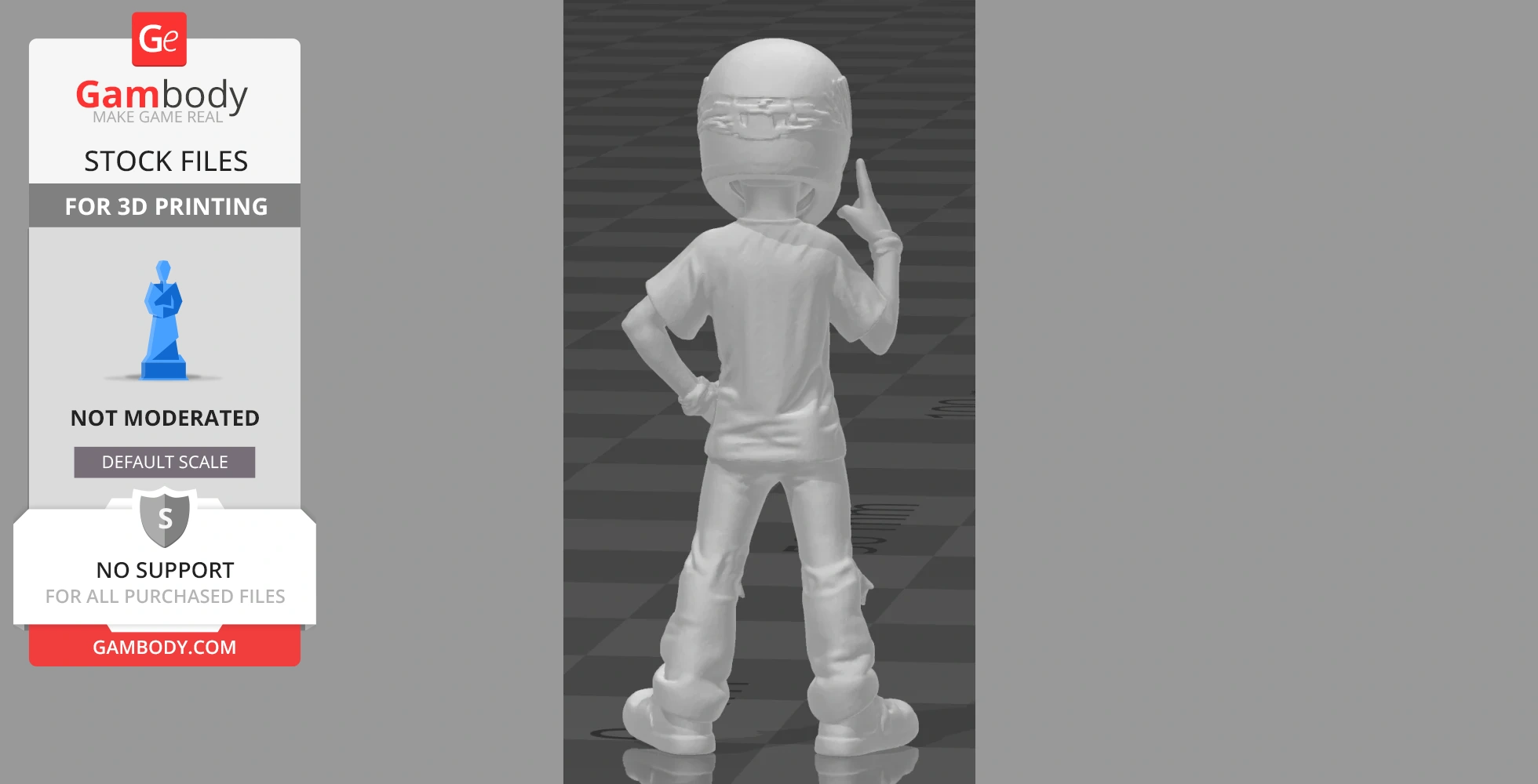 A stylized 3D model of a helmeted figure posing confidently with one hand on hip, designed for 3D printing.
