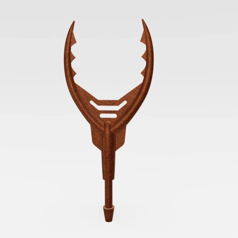 A brown, futuristic dart-like prop with jagged edges and a central handle, designed for 3D printing.