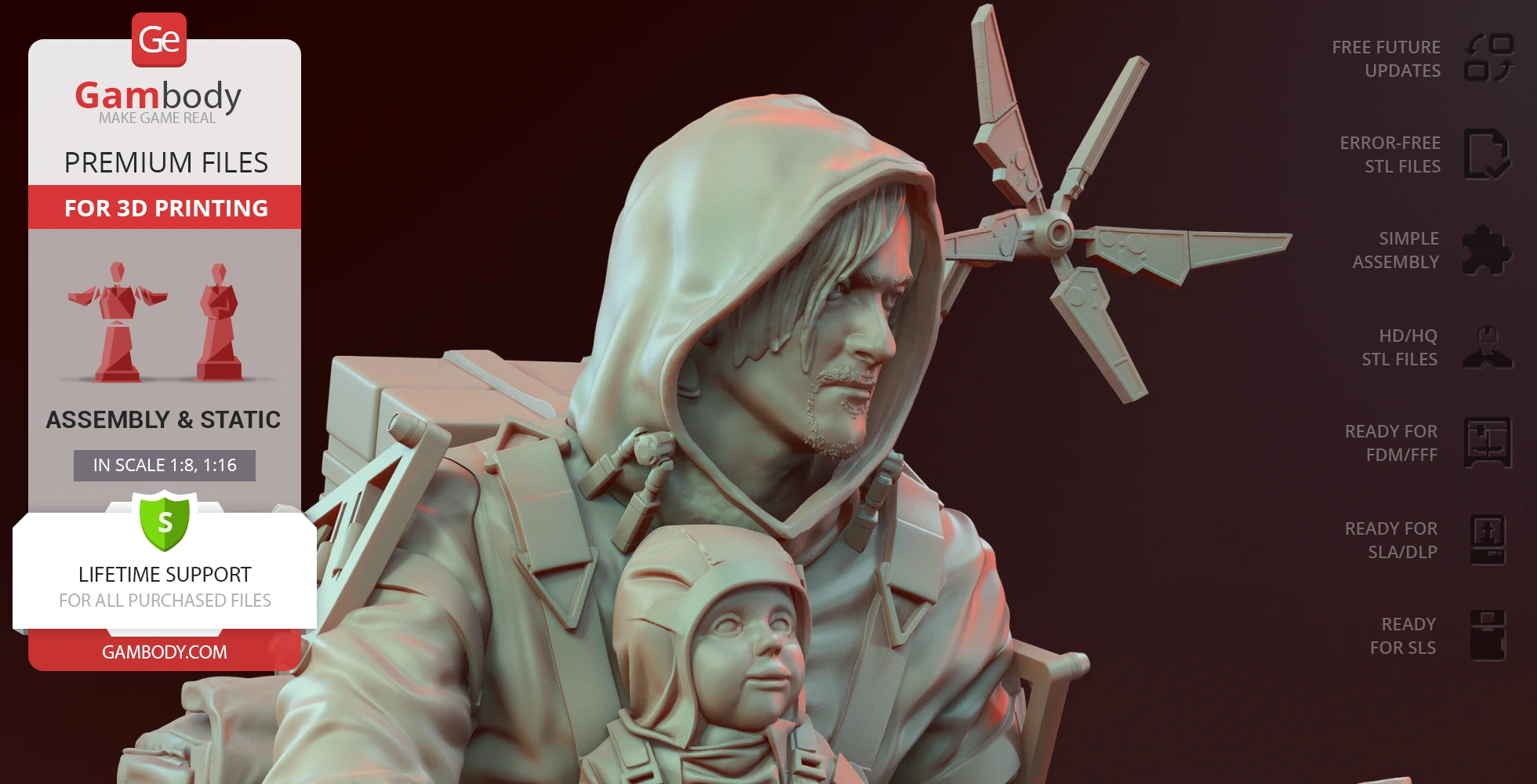 A hooded figure from 'Death Stranding' with a baby in a carrier, designed for 3D printing by Gambody.