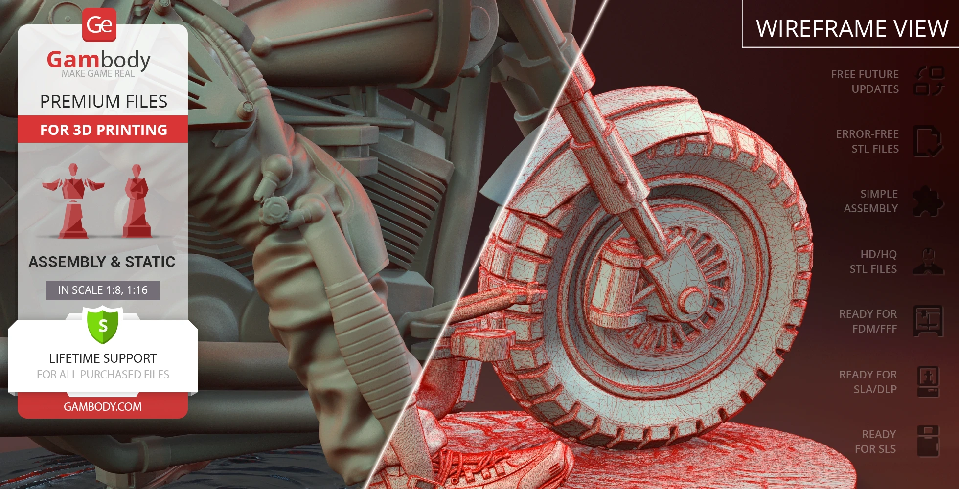 3D model featuring a detailed motorcycle wheel and character's leg, highlighted in wireframe view.