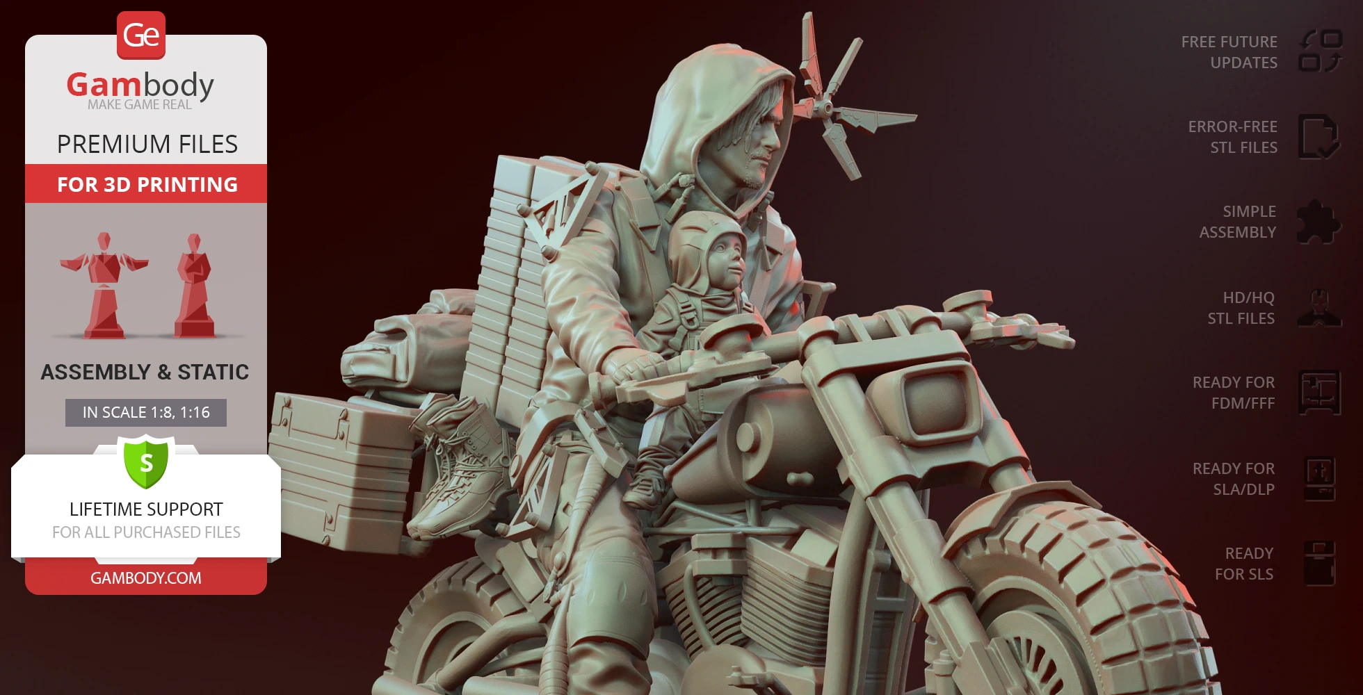 A detailed 3D model of a hooded character on a motorcycle with a child, ready for 3D printing.