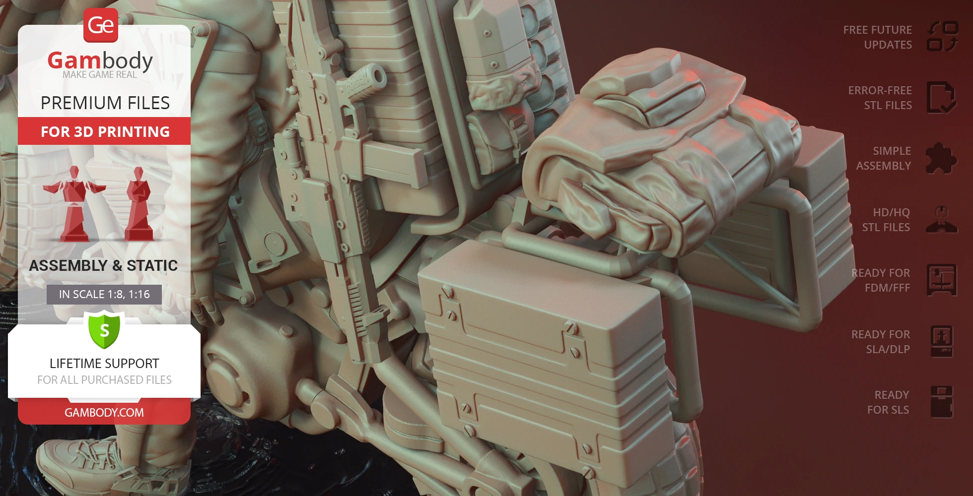 A detailed 3D model of a heavily equipped character with gear and supplies on their back.