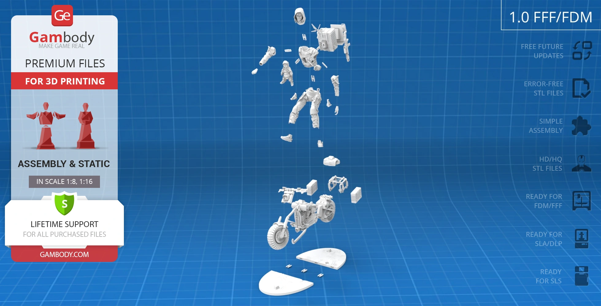 3D model of Sam from Death Stranding in parts, includes a detailed motorcycle and accessory components.