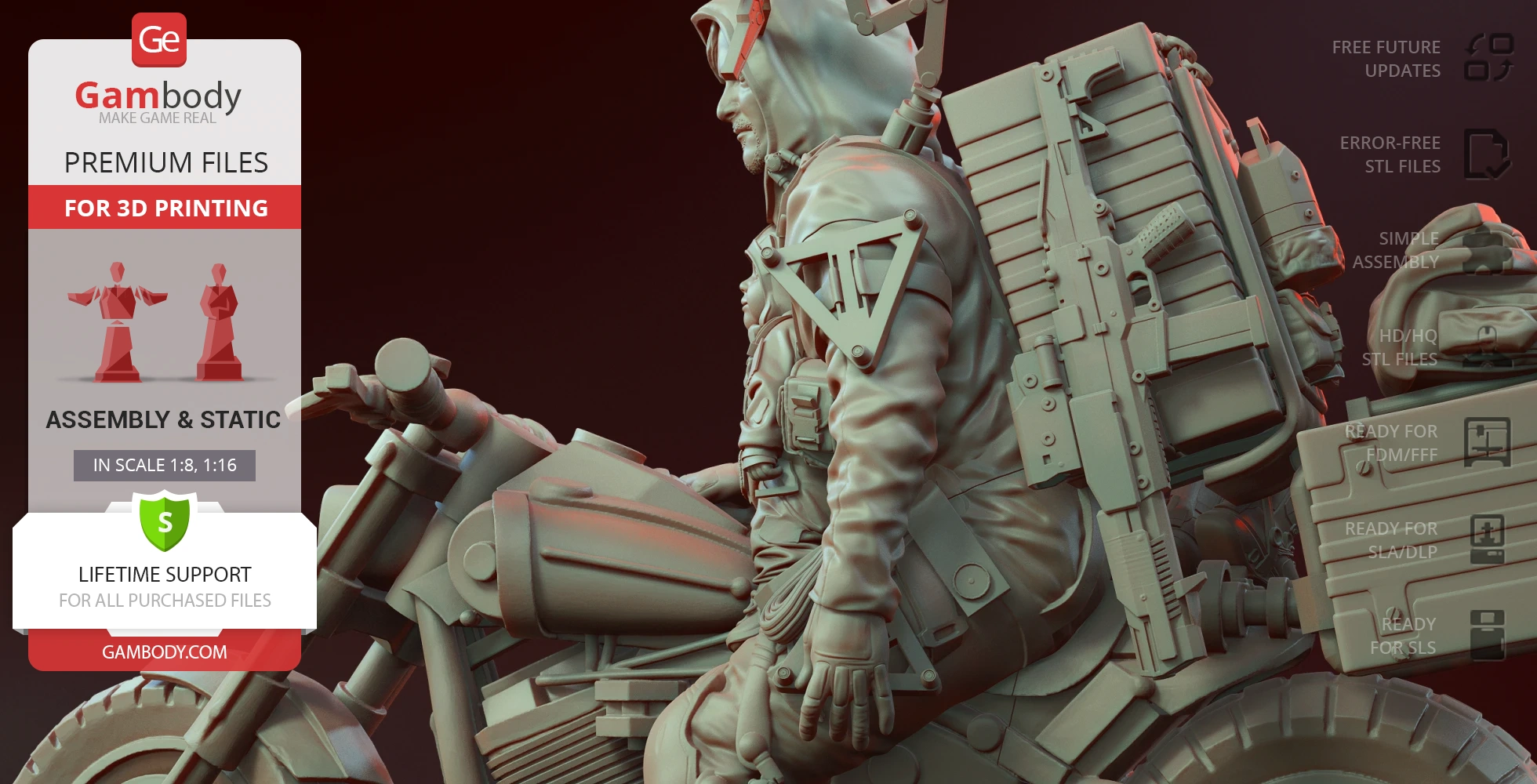 A detailed 3D model of a hooded, gear-laden figure riding a motorcycle, designed for 3D printing.