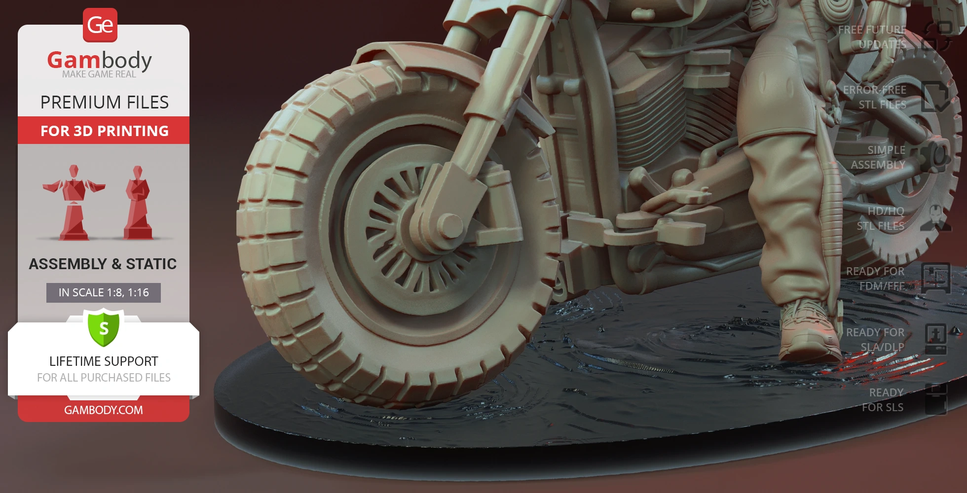 3D model of a rugged motorcycle wheel and rider's boot, prepared for 3D printing from Gambody.
