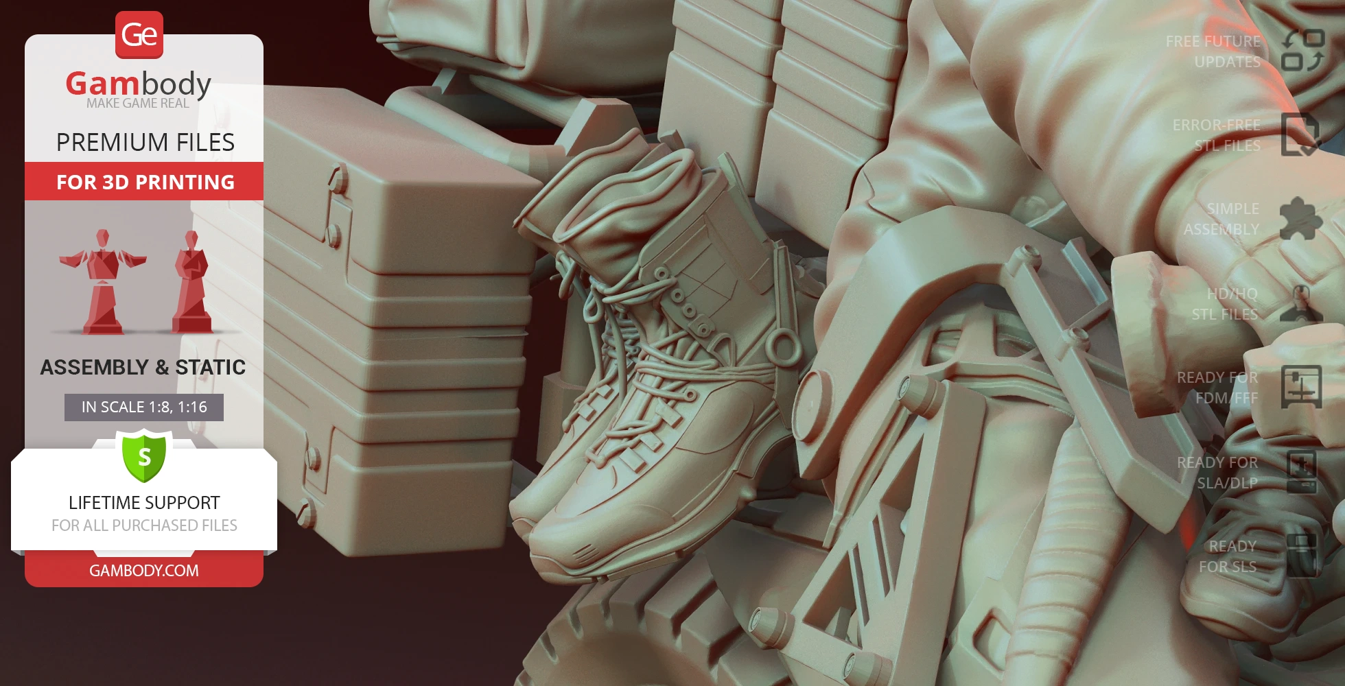 A detailed 3D model of boots and equipment, featuring crates and mechanical parts for 3D printing.