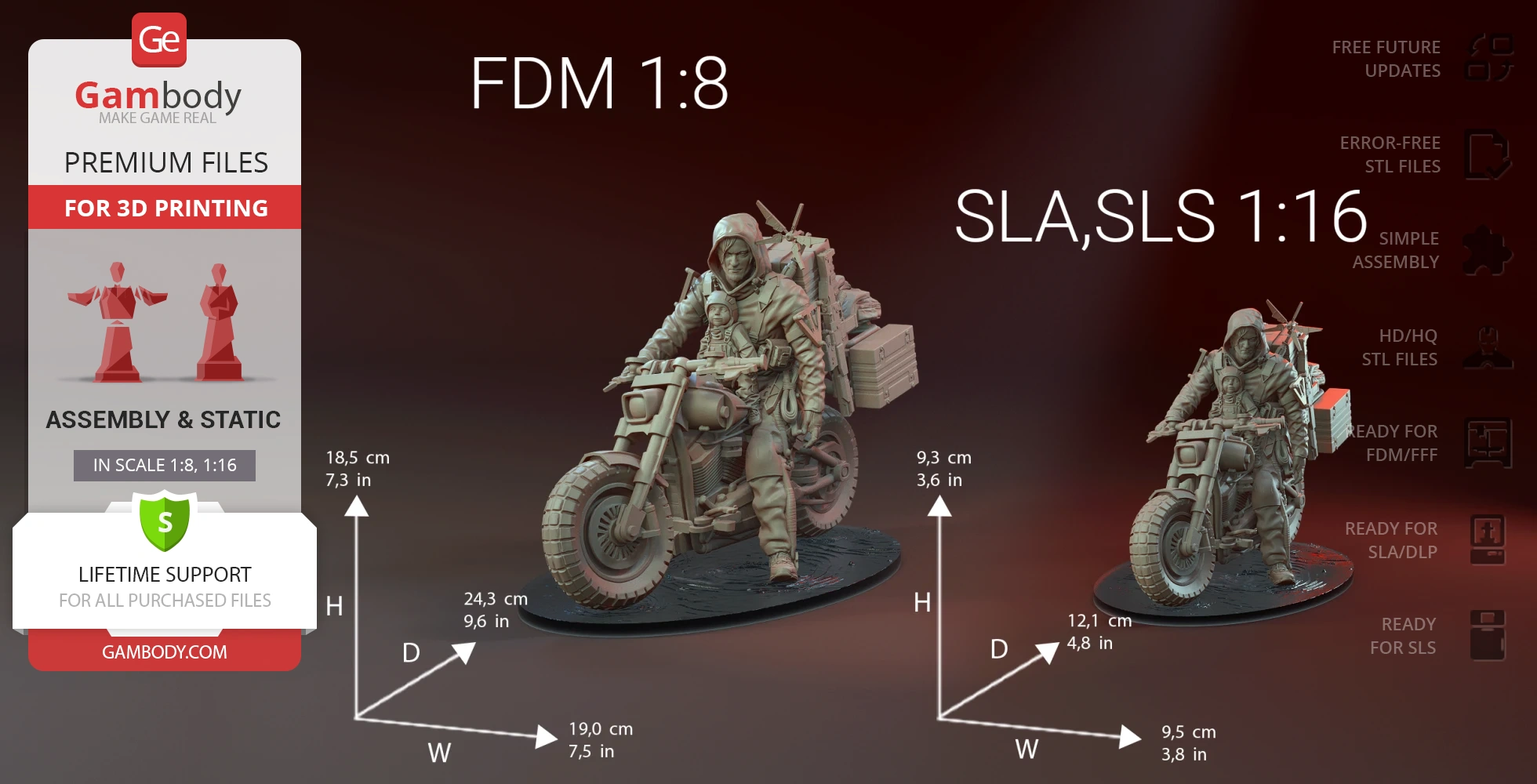 Figure of a man riding a detailed motorcycle, carrying equipment, offered in two scaled versions for 3D printing.