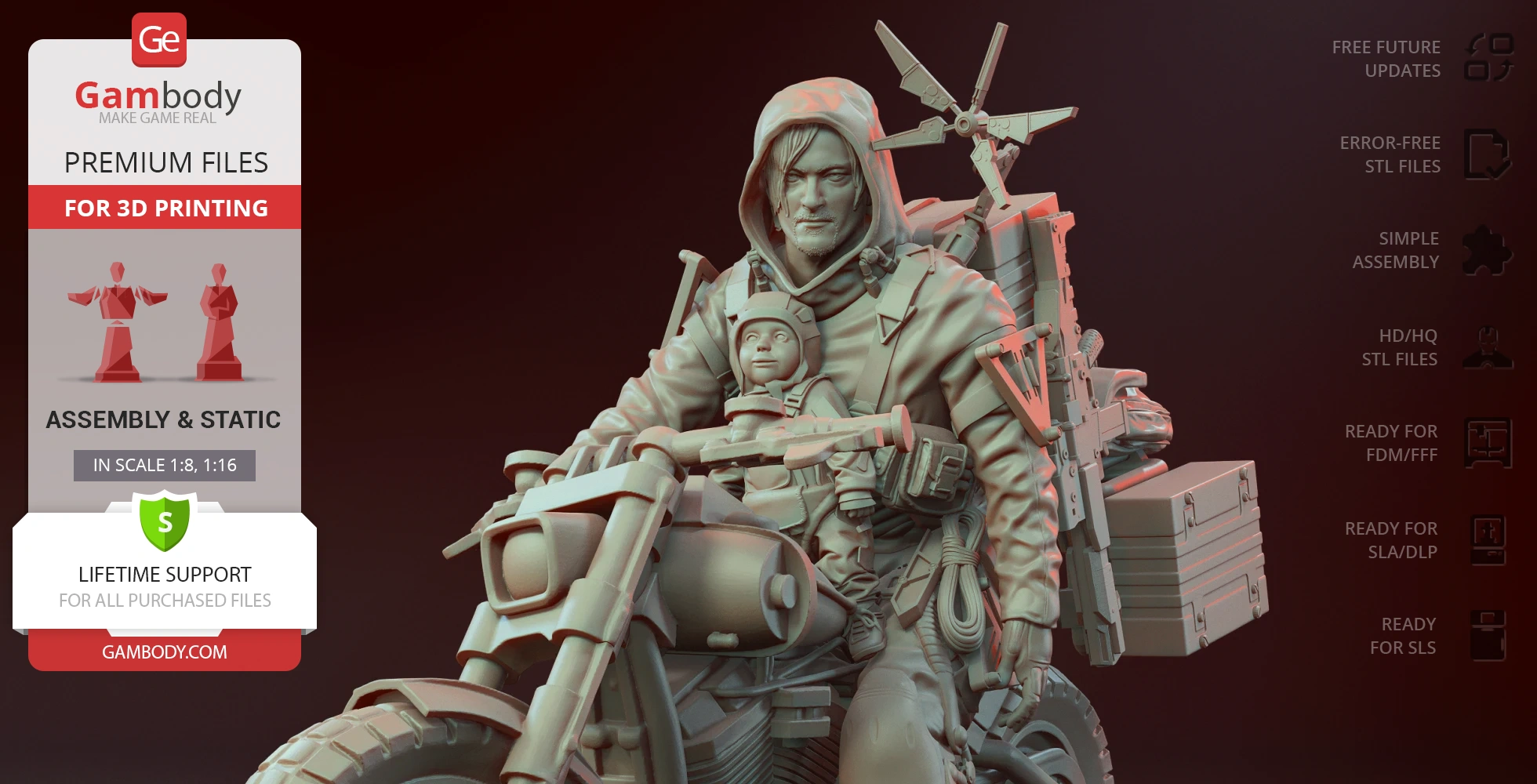 3D model of a hooded character on a motorcycle, carrying a child and various gear, ready for 3D printing.